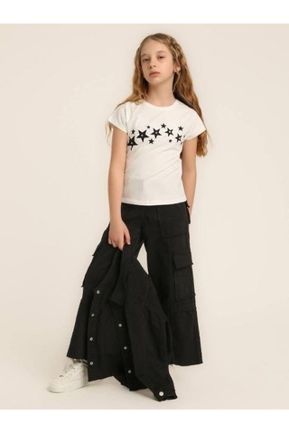 Escabel Kız Çocuk Yıldız Taş İşlemeli Tasarım T-shirt-15618 Beyaz