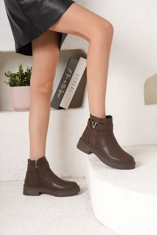 D802 Kadın Yanı Tokalı Ortopedik Soğuk Geçirmez Bot Kahverengi