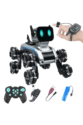Oyuncak 2.4 Ghz Uzaktan Ve Bilekten Kumandalı Şarjlı 8 Teker Akrobat Robot Köpek Müzikli Ve Led Işık Gri