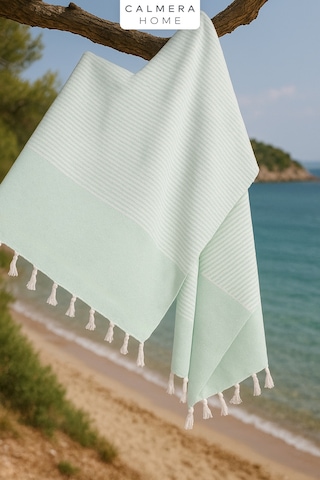 Calmera Çizgili Peştemal Pamuk - Doğal Saçaklı Plaj, Deniz, Havuz, Spa, Sauna, Spor, Seyahat Havlu Yeşil