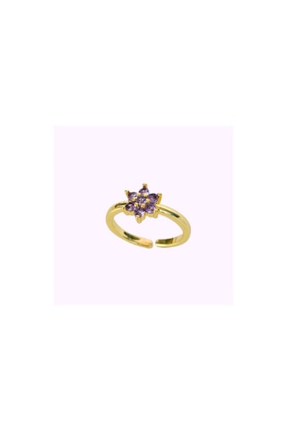 Lila Renkli Çiçek Model Yüzük Ayarlanabilir Zirkon Gold Lila