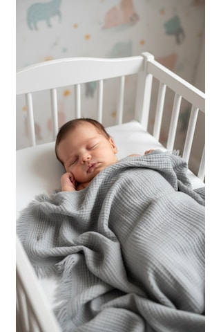 Bebek Battaniye %100 Pamuk Müslin 4 Katlı Saçaklı 100x120 Cm 250 Gram Gri