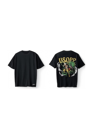 Bumeta Usopp Anime Karakter Baskılı Oversize Unisex Tişört T-shirt Siyah