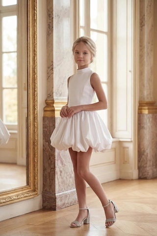 Butikhappykids Kız Çocuk Abiye Beyaz Mini Balon Etek Prenses Model Halter Yaka Monaray Kumaş Abiye Elbise 5-14 Yaş