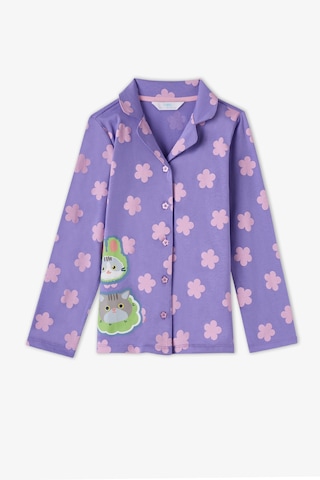 Penti Kız Çocuk Lila Feel Better Kedi Desenli Pamuklu Düğmeli Uzun Kollu Gömlek Pantolon Pijama Takımı