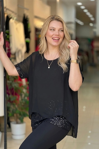 Aytemas Eteği Pullu Şifon Bluz siyah