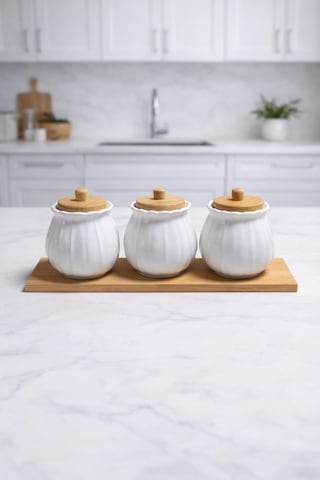 Bambu Standlı 7 Li Seramik Baharatlık Seti Ahşap Ve Vakum Kapaklı Mutfak Düzenleyici Kavanoz Seti Beyaz