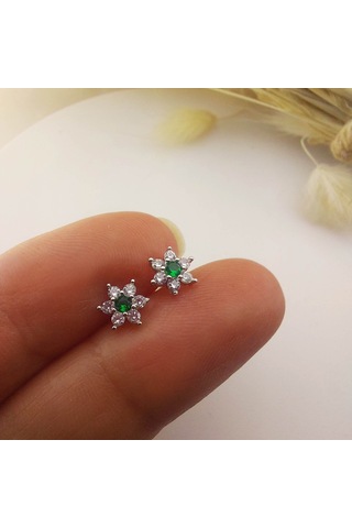 925 Ayar Gümüş Yeşil Taşlı Minimal Lotus Küpe Gümüş