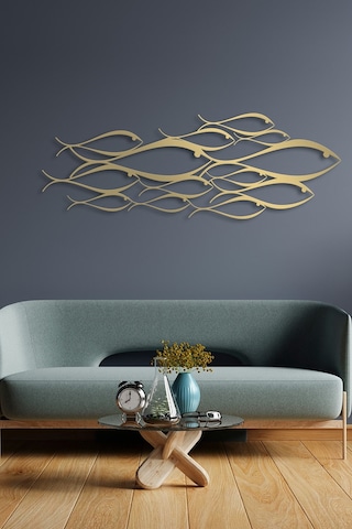 School Of Fish Metal Duvar Dekorasyonu - Gold - 150 X 53 Cm