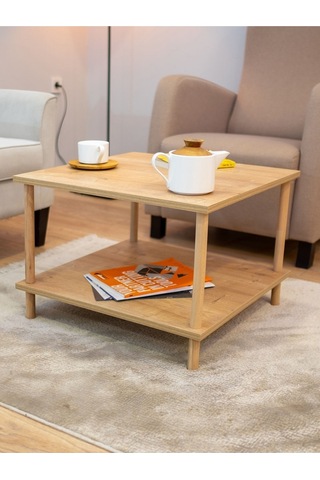 Kare Orta Sehpa Ahşap Ayaklı Sehpa Iki Raflı Sehpa Dekoratif Sehpa Gazetelikli - Safir Meşe-60x60