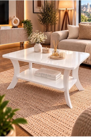Orta Sehpa Beyaz Dikdörtgen 90 Cm Genişlik - 55 Cm En - Mdf Ayak 46 Cm Yükseklik Modern Orta Sehpa Beyaz