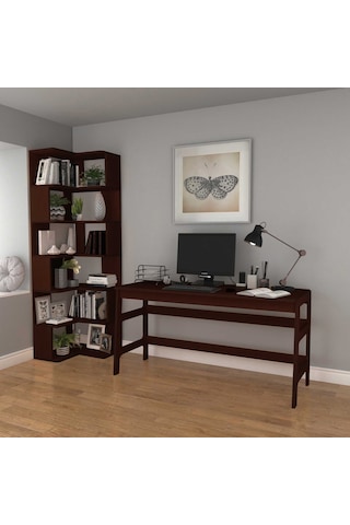 Woodesk Bohem, Ahşap, Masa Ve Köşe Kitaplık Takımı, Ceviz Renk