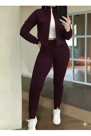 Efnaz Style Kadın Uzun Kollu Önden Fermuarlı Kısa Modal Mor Ceket Ve Pantolon Ikili Takım Bordo