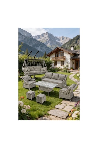 Dora Garden Home Ecem 7 Kişilik Rattan Bahçe Mobilyası Ve 2 Kişilik Rattan Salıncak Seti-açık Gri Siyah Çizgili