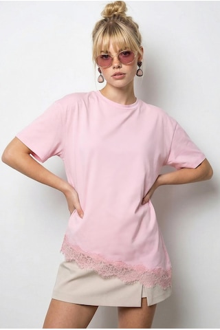 Shade Kadın Dantel Detaylı Asimetrik Kesim Kısa Kollu T-shirt 1078 60286069 - Pembe