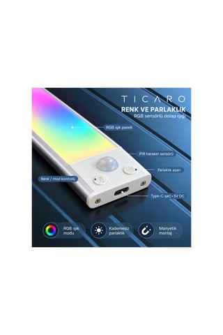 Tıcaro 40 Cm Rgb Sensörlü Şarjlı Led Dolap Işığı, 94 Led, 3000 Mah, 1 Adet Gümüş
