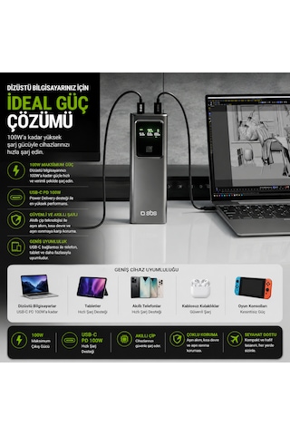Sbs 20.000 Mah 100w Power Delivery Powerbank Lcd Ekran 2x Usb-c Pd 100w + Usb-a 22.5w Dizüstü Bilgisayar Uyumlu Silver-Gri