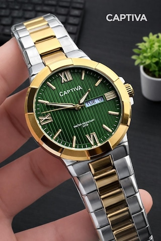 Captiva Bileklik Hediyeli Çelik Kordon Haftanın Günü Ve Takvimli Kadran Erkek Kol Saati Ct.m.001.m1 Gümüş - Sarı