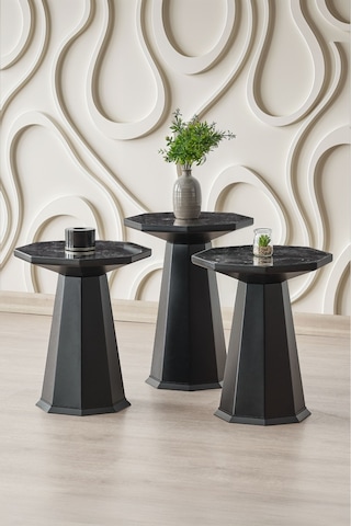 Elegance 3'lü Sehpa,yan Sehpa,zigon Sehpa - Siyah & Siyah Mermer Desenli Siyah & Siyah Mermer Desenli