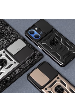 Xiaomi Redmi 15c Kılıf Magnetik Standlı Kamera Korumalı Zore Sürgülü Vega Kapak Siyah