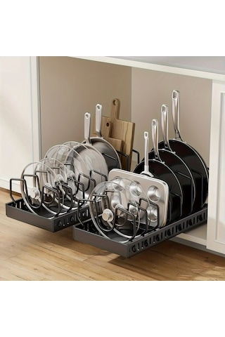 Honeybeeshop Siyah L-07 8 Bölmeli Çekmeceli Mutfak Düzenleyici Raf Ağır Metal Depolama Tencereler Tavalar İçin Ayarlanabilir Siyah