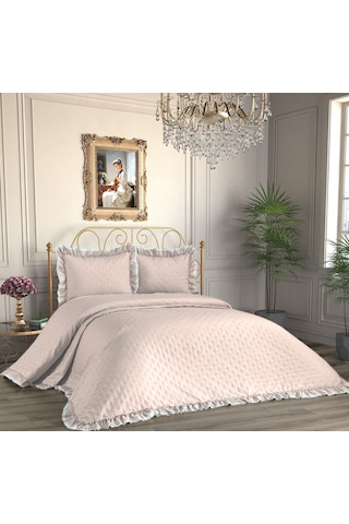 Kapitoneli Fırfırlı 3 Parça Çift Kişilik Yatak Örtüsü Sütlü Kahve