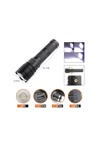 Bedotech Bd-3 30w Tg Led Alüminyum Alaşımlı Zoomlu Type-c Analog Pil Göstergeli Şarjlı El Feneri Açık Lacivert