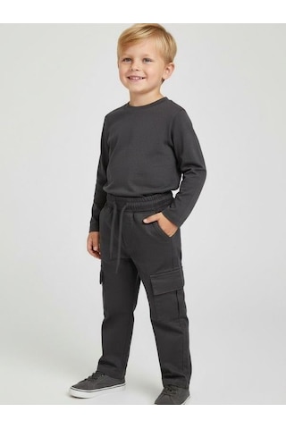 Zekids Erkek Çocuk Pamuklu Bel Lastikli Kargo Cepli Yumuşak Dokulu Pantolon-16672 Füme
