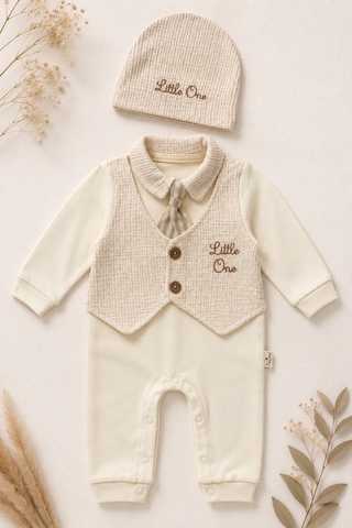 Beniizle Little One Nakışlı Şapkalı Kravatlı Erkek Bebek Tulum Ekru