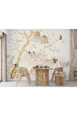 Ağaç Dalları Üzerinde Kuşlar Vintage Duvar Kağıdı