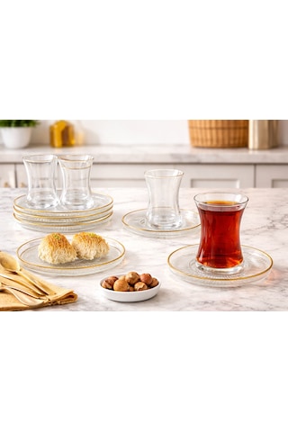 Gold Detaylı Cam Çay Seti 18 Parça Çay Bardağı, Tabak Ve Servis Tabağı Seti Şık Sunum Seti 1 Eksen Gold Detaylı Cam Çay Seti 18 Parça Çay Bardağı, Tabak Ve Servis Tabağı Seti Şık Sunum Seti Altın - Şeffaf
