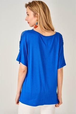 Kadın Lazer Kesim Saks Mavisi Bluz-Saks