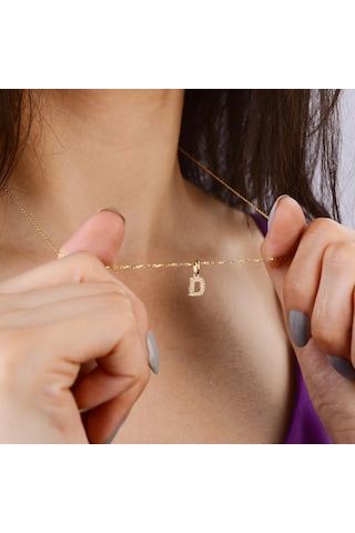 Goldkupe 14 Ayar Altın D Harfi Taşlı Kolye Ucu 0,49 Gr-6340 Altın