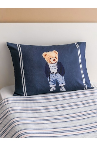 Lacivert Ayıcık Teddy Baskılı %100 Pamuklu Tek Kişilik Pike Seti 160 X 220 Cm Lacivert