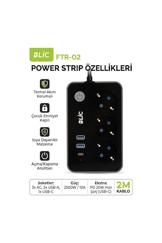 Termal Akım Korumalı 3'lü Priz 2 Metre - 2 Usb + 1 Type-c Hızlı Şarjlı Çoklu Priz 2500w Ftr-02 Blic 2 m