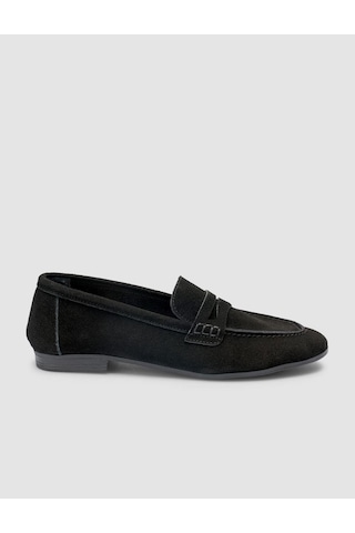 %100 Hakiki Deri Siyah Süet Kadın Loafer Siyah