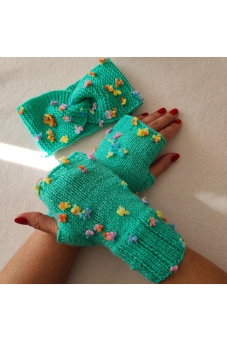 Newdaycraft El Örgüsü Motifli Parmaksız Kelebek Islemeli Yesil Eldiven Yeşil