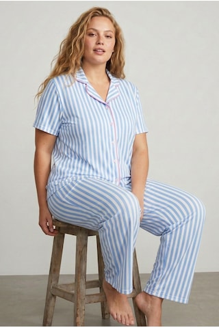 Siyah İnci Desenli Pamuklu Düğmeli Curve Büyük Beden Battal Pijama Takım Mavi Beyaz