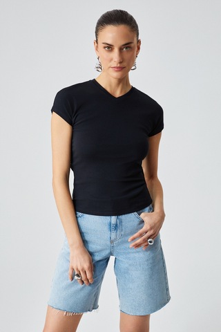 Ethıquet Marta Kadın V Yaka Kısa Kol Slim Siyah T-shirt