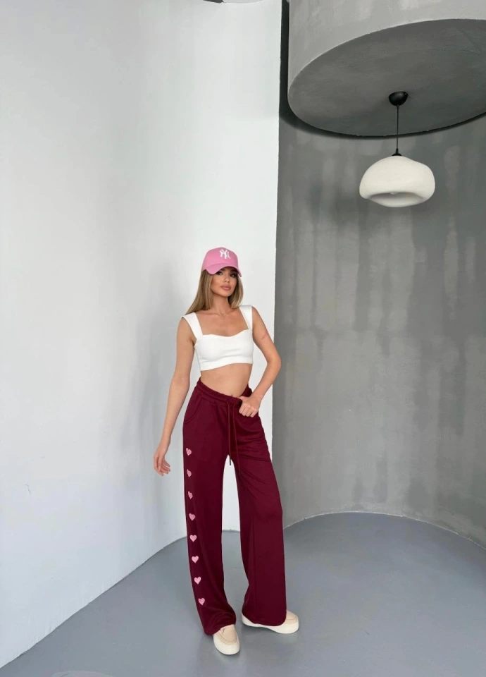 Suma Osy Modal Yumuşak Dokulu Kumaş Nakış Işlemeli Rahat Bol Paça Eşofman Pantalon - Bordo