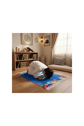 Baskılı Mavi Erkek Çocuk Namaz Seccadesi Mavi-a