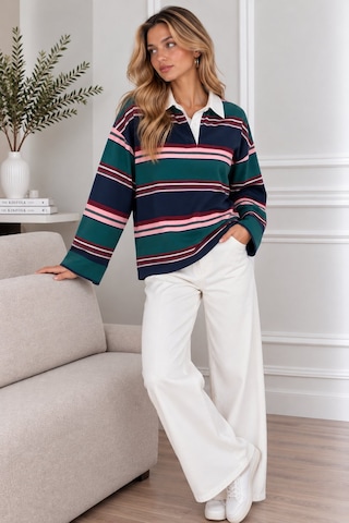 Lima Çok Renkli Kadın Yeşil Lacivert Pembe Çizgili Polo Yaka Oversize Uzun Kollu Sweatshirt