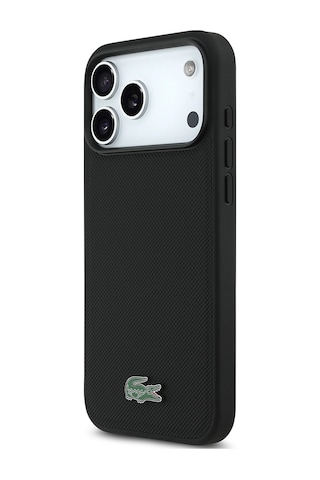 Apple Uyumlu iPhone 18 Pro Max Kılıf Lacoste Lisanslı M-safe Uyumlu Pu Pike Desenli Metal Logolu Kapak Siyah