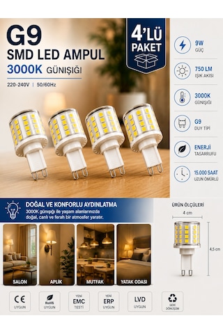 4 Adet 9w 750 Lm 3000k Günışığı G9 Smd Led Ampul