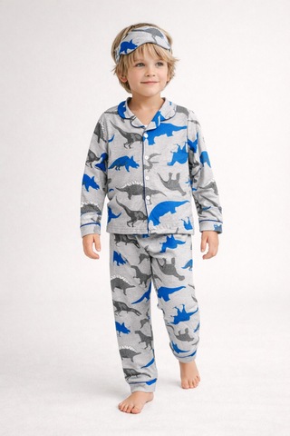 Beka Kids Desenli Uzun Kollu Önden Düğmeli Gömlek Yaka Erkek Çocuk Pijama Takımı Ve Göz Bandı Gri