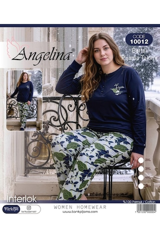 Angelina Kadın Battal Düğmeli Yaka %100 Pamuk İnterlok Kışlık Pijama Takımı 10012 - 1 Adet Lacivert