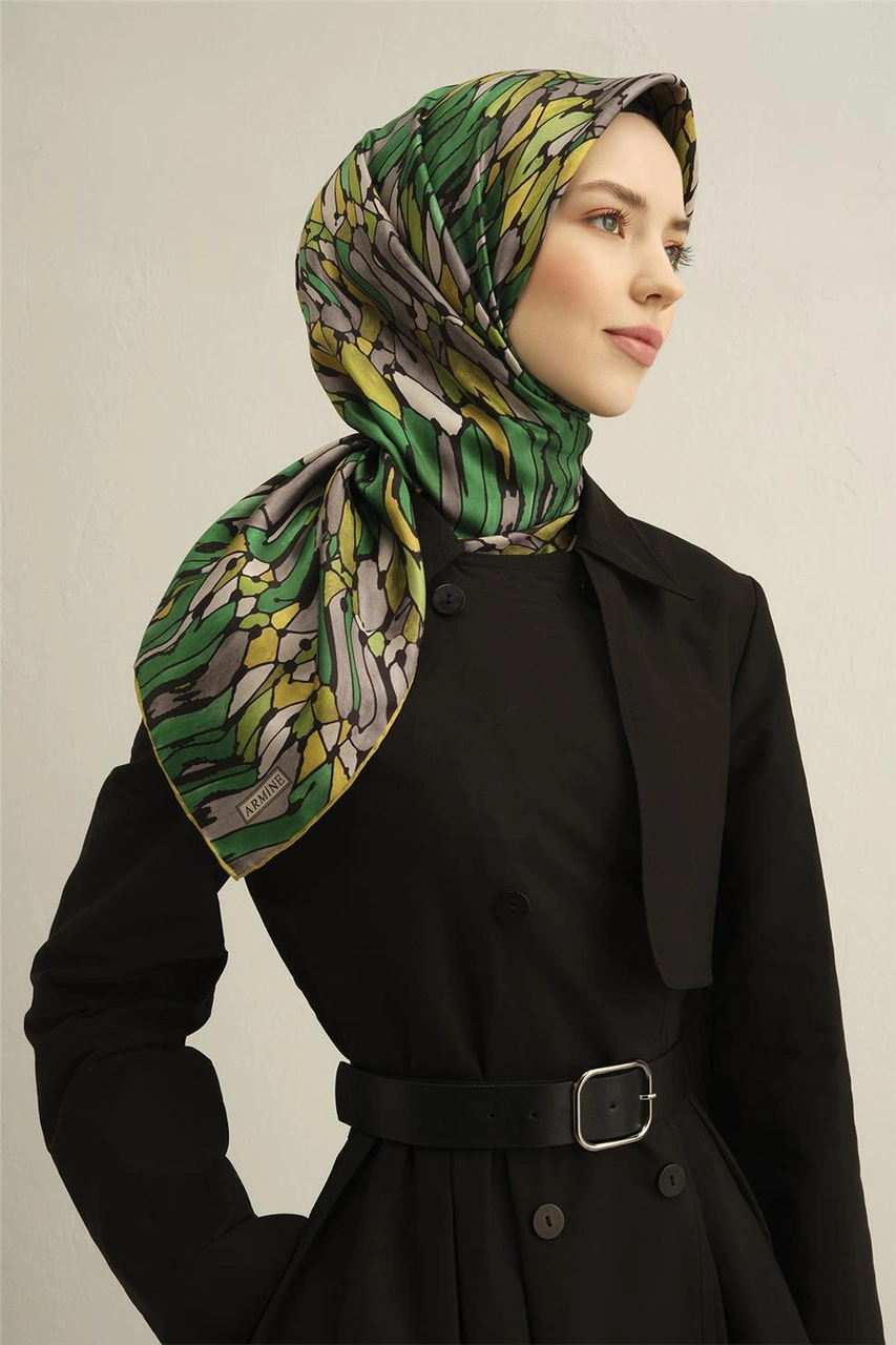 Armine Soyut Desenli Saf İpek Twill Eşarp 9335d 84 Yeşil