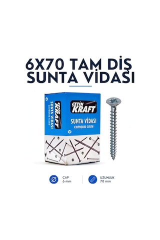Çetin Kraft Dın 7505a Yhb Sivri Uçlu Tam Diş Sunta Vidası 6x70 100 Adetli Kutu 6 x 70