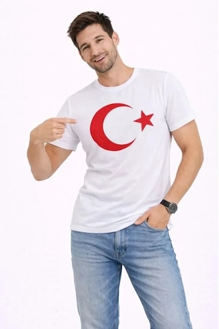 Vexor Erkek T-shirt Kısa Kol Bisiklet Yaka Ay Yıldız Bayrak Baskılı Tişört - Beyaz