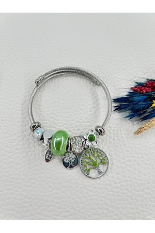 Bhs Life Kadın Charmlı Yeşil Renk Kristal Taşlı Hayat Ağacı Çelik Bileklik Sarı